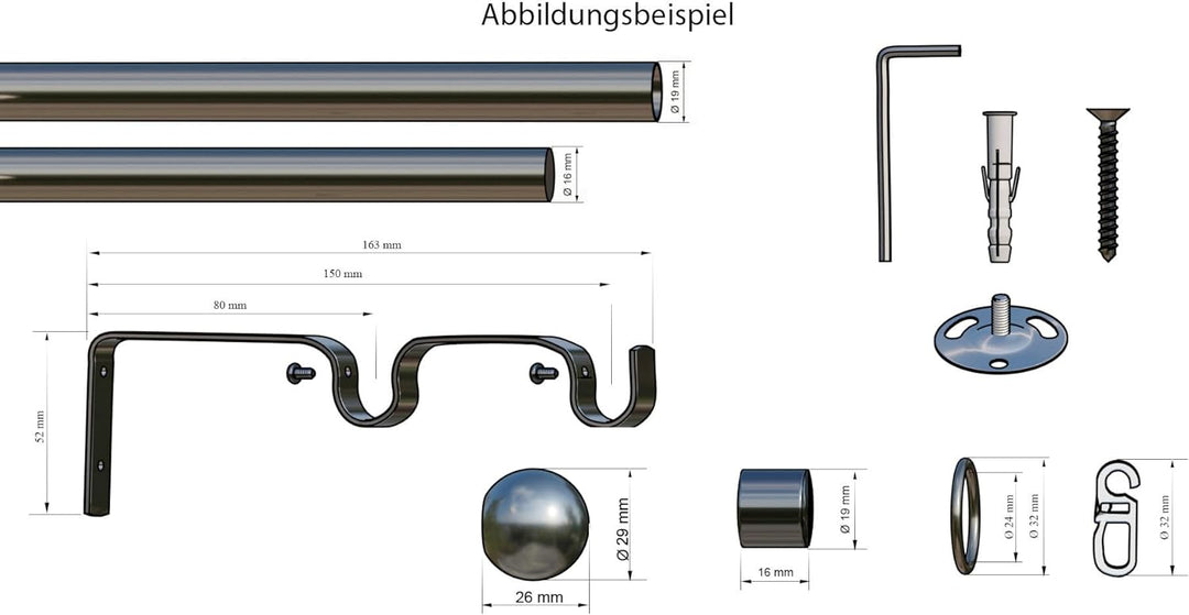 Tilldekor ausziehbare Gardinenstange FORMENTOR, 2-Lauf, edelstahl optik, Ø 16/19 mm, 120 - 230 cm, i
