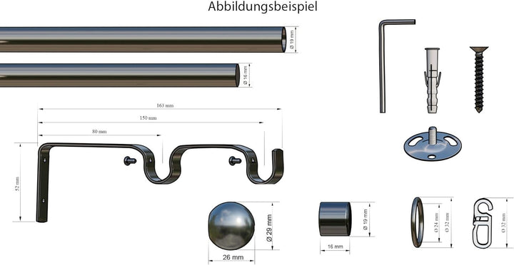 Tilldekor ausziehbare Gardinenstange FORMENTOR, 2-Lauf, edelstahl optik, Ø 16/19 mm, 120 - 230 cm, i