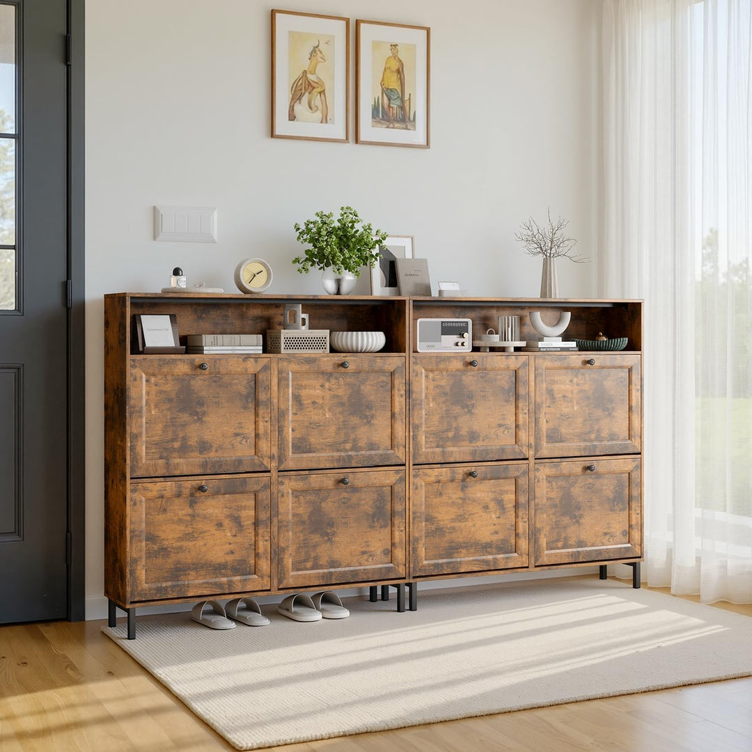 Schuhschrank mit 4 Klappen, Schuhablage Schuhschrank schmal Schuhregal mit offenen Ablagefächern, ve