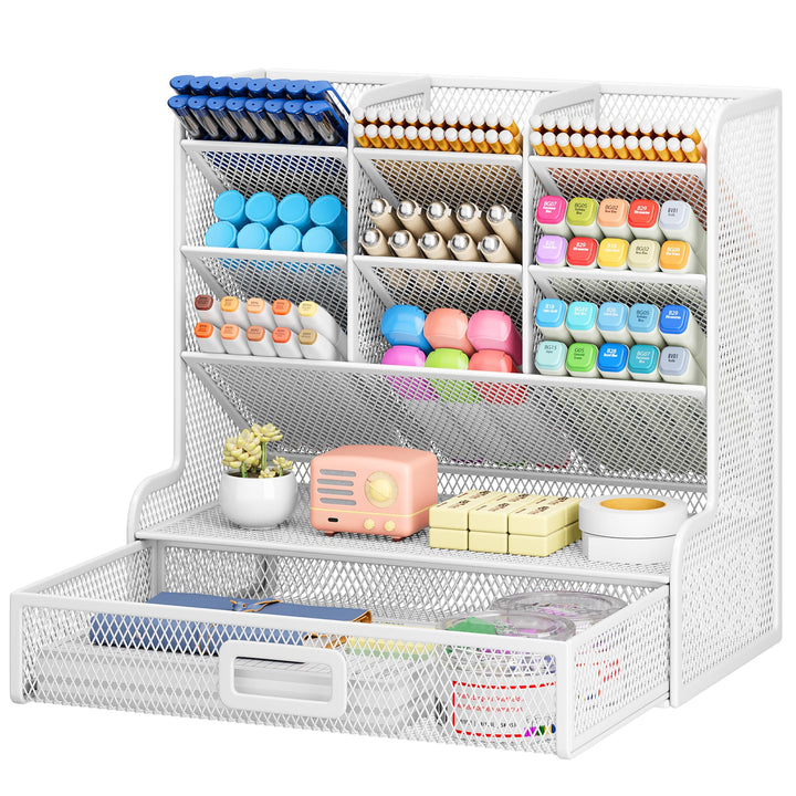 VITVITI Schreibtisch Organizer, 9 Fächer Stiftehalter mit Schublade, Netz Stifte Regal aus Metall, S