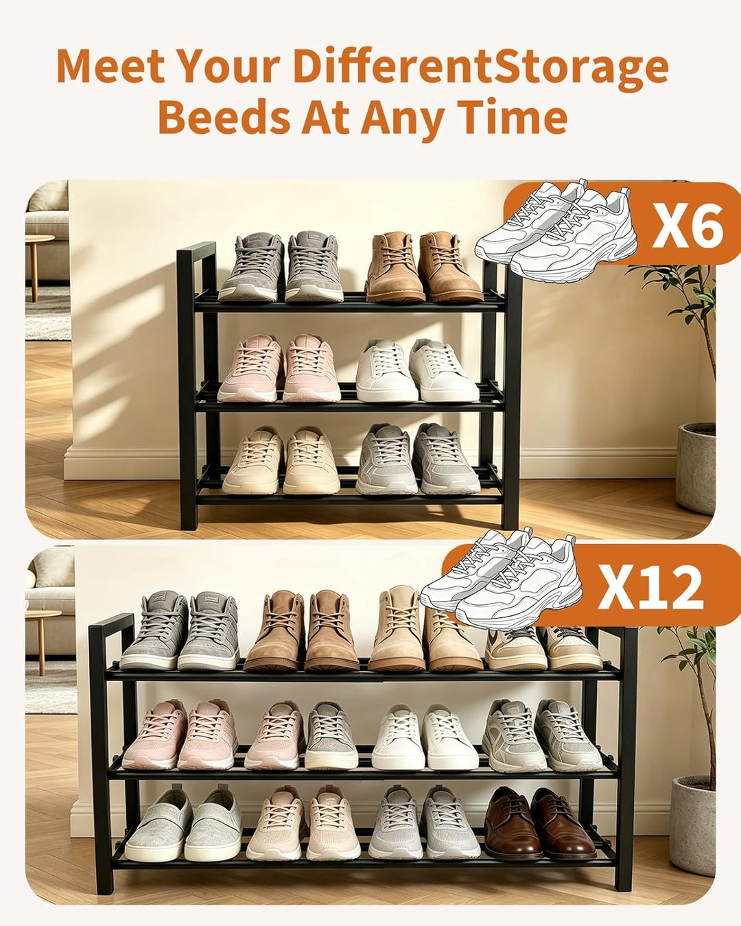 Ausziehbares Schuhregal Schmal, 3 Ebenen Adjustable Schuhregal Metall, Breite 43 to 78cm, Standregal