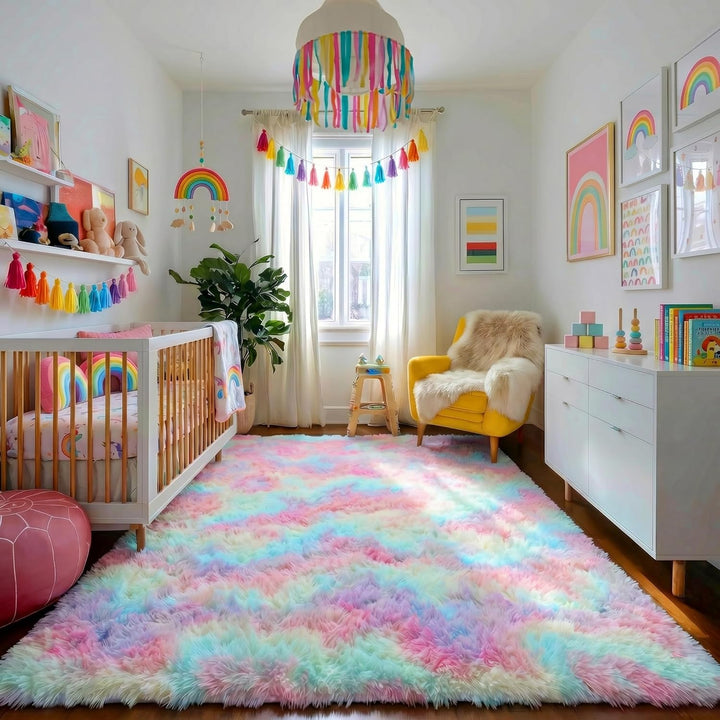 Flauschige Regenbogen-Teppiche für Mädchenzimmer, Einhorn-Zimmerdekoration, Pastell-Teppich für Kind