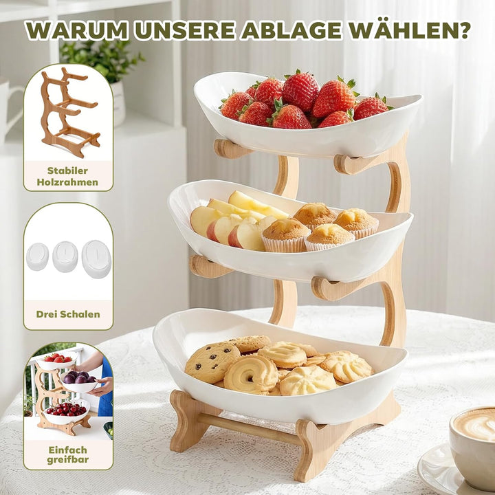 Obstständer 3-stöckig aus Bambus, Mehrstöckiger Obstkübel mit Schalen, Küchenorganizer für Obst und