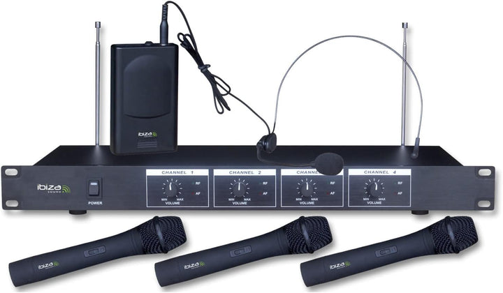 Ibiza - VHF4 - Drahtloses Mikrofonsystem mit 3 VHF-Handmikrofonen, 1 VHF-Kopfbügelmikrofon und 1 Emp