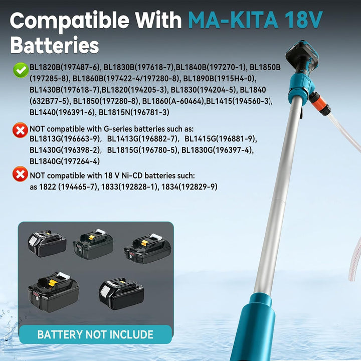 Akku-Regenfasspumpe kompatibel mit Makita 18V, Förderleistung 2736 l/h, Kabellose Stab-Transferpumpe