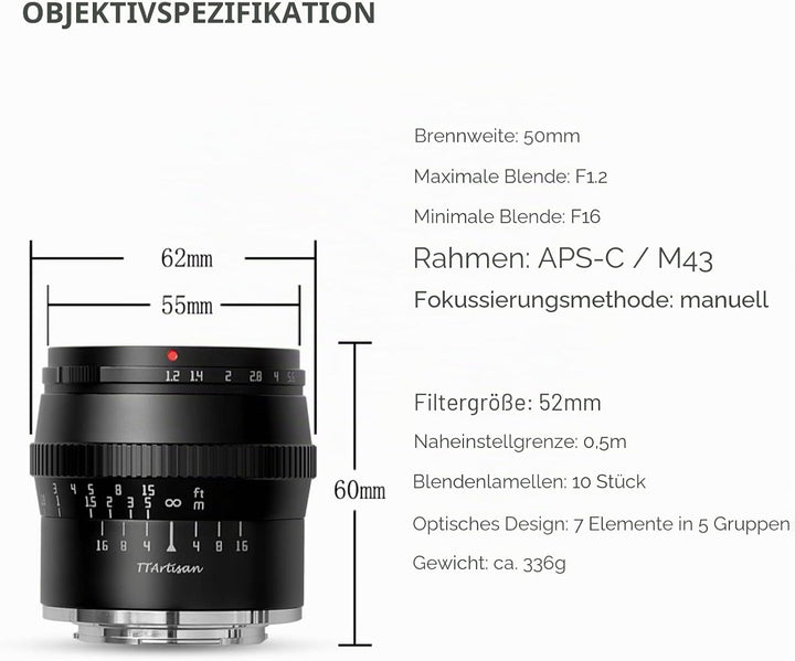 TTARTISAN 50mm F1.2 Objektiv APS-C MF für Fuji X Mount Kameras X-A1 X-A10 X-M1 X-M2 X-H1 X-T1 X-T10