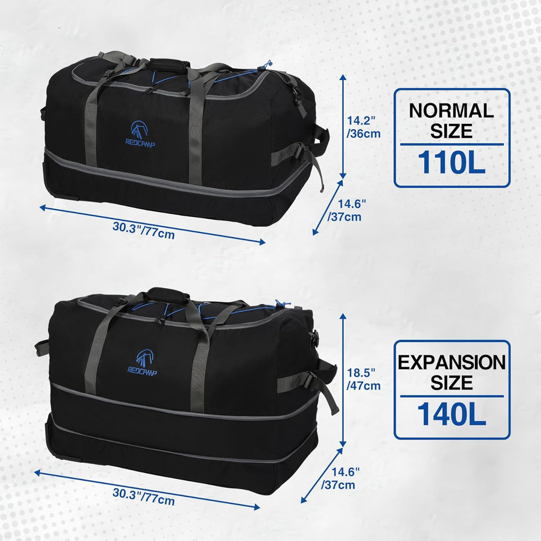 REDCAMP 110L Erweiterbare 140L Extra Grosse Reisetasche mit Rollen, 77cm Faltbare XXL Rucksack Sport