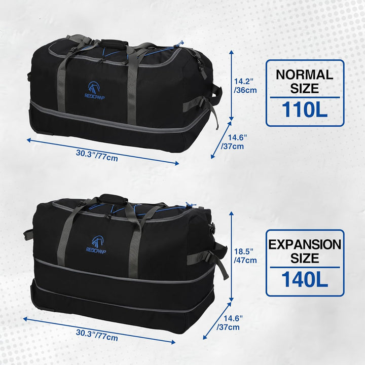 REDCAMP 110L Erweiterbare 140L Extra Grosse Reisetasche mit Rollen, 77cm Faltbare XXL Rucksack Sport
