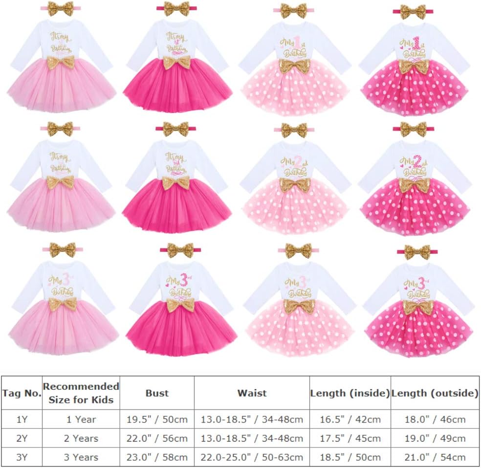 Odizli 1./2./3. Geburtstag Mädchen Outfit Langarm Prinzessin Tütü Tüllkleid+Pailletten Stirnband 2tl