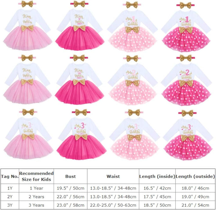 Odizli 1./2./3. Geburtstag Mädchen Outfit Langarm Prinzessin Tütü Tüllkleid+Pailletten Stirnband 2tl