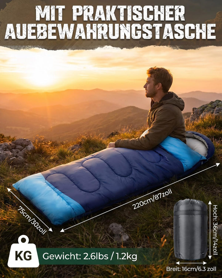 Schlafsack Camping für 3–4 Jahreszeiten, Outdoor-Schlafsack für Erwachsene und Kinder, Kompakter Sch