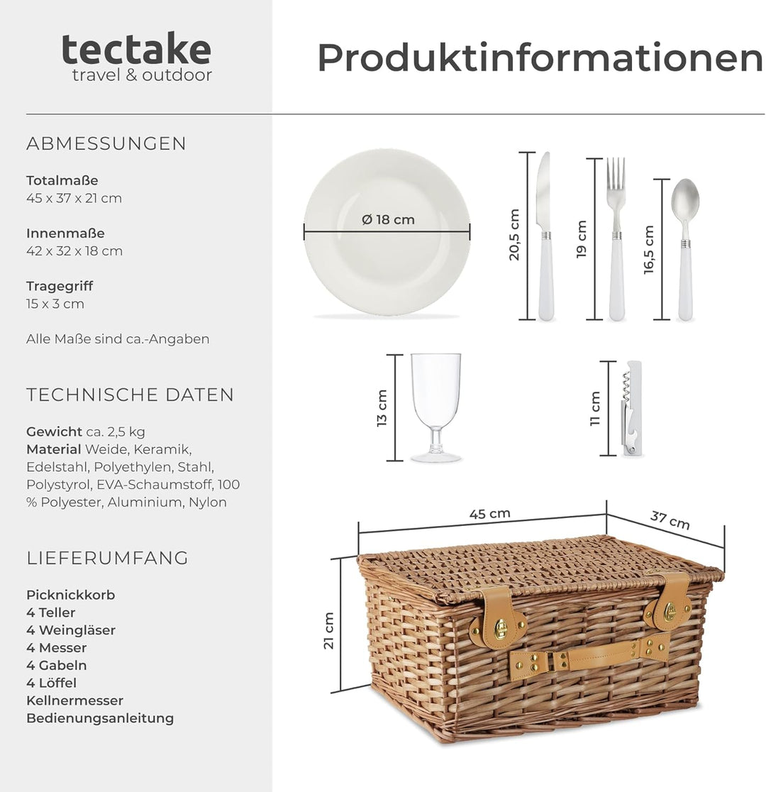 tectake® Picknickkorb 4 Personen, inkl. Kühlfach, befüllter Picnic Basket Weidenkorb für Ausflug, Ca