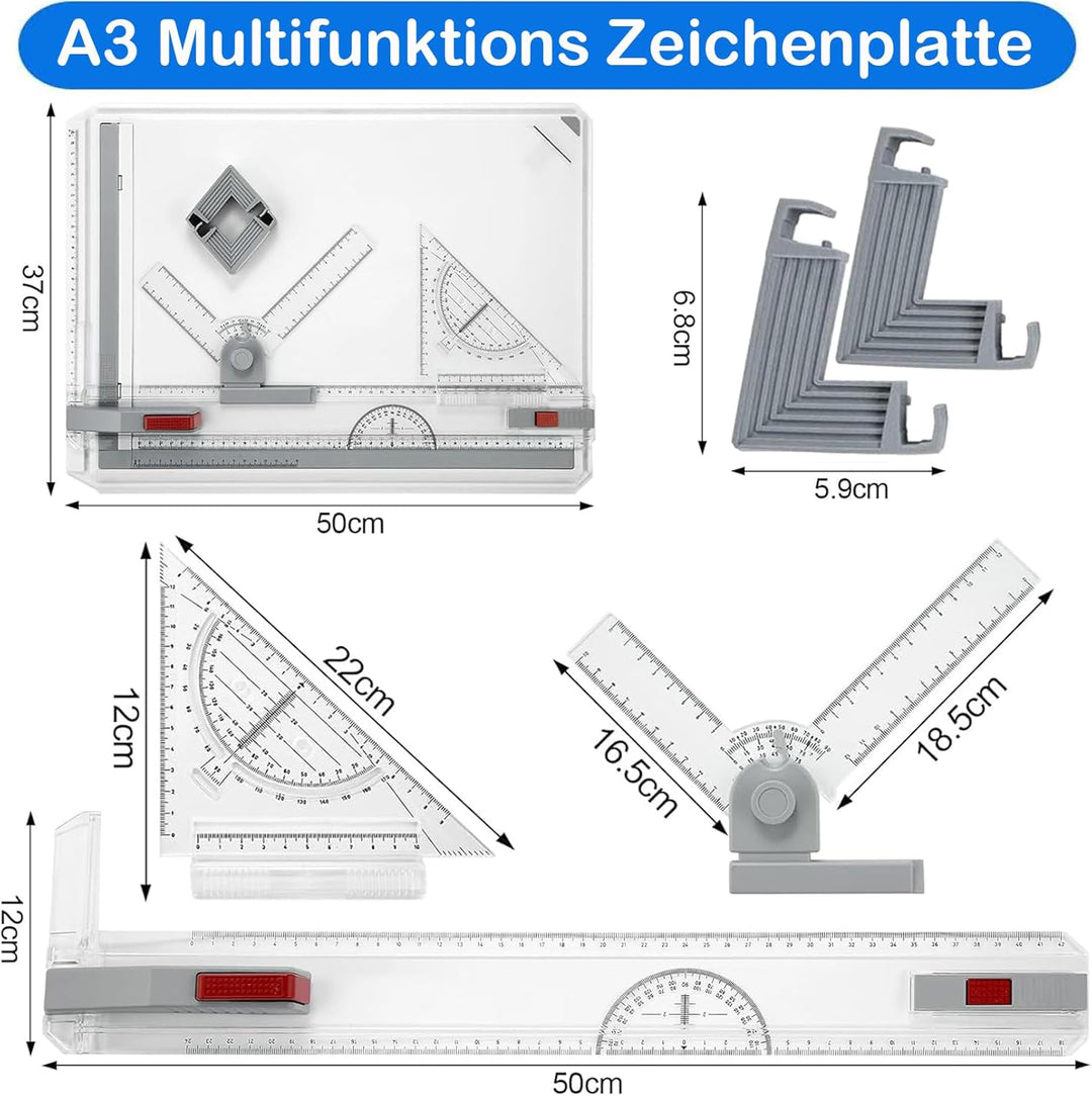 A3 Zeichenbrett, Geo-Board gz Platte, Multifunktionaler Zeichenplatte Din A3 Zeichenschiene mit Wink