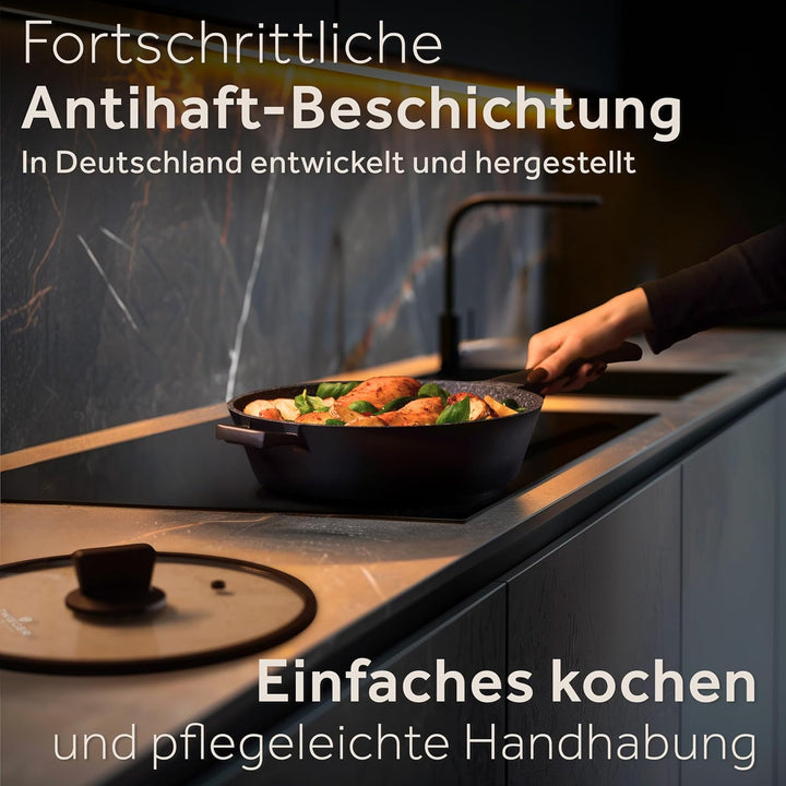 ZWIEGER Grosse Pfanne mit Deckel 28cm – Schmorpfanne 28 cm hoher Rand, Aluguss, vollflächiger Edelst