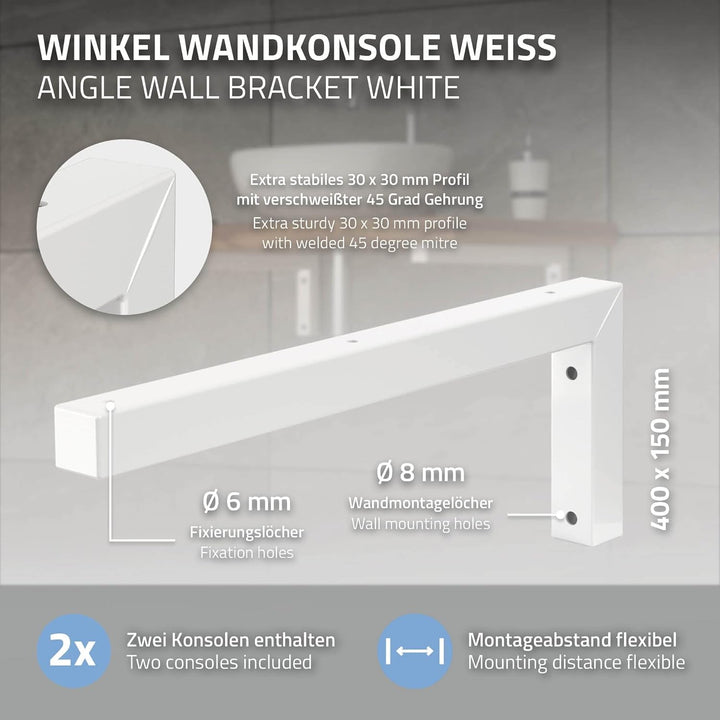 ML-Design 2er Set Wandkonsole Winkel L-Form für Waschtisch, 400x150 mm, Weiss, Stahl, Design Waschti