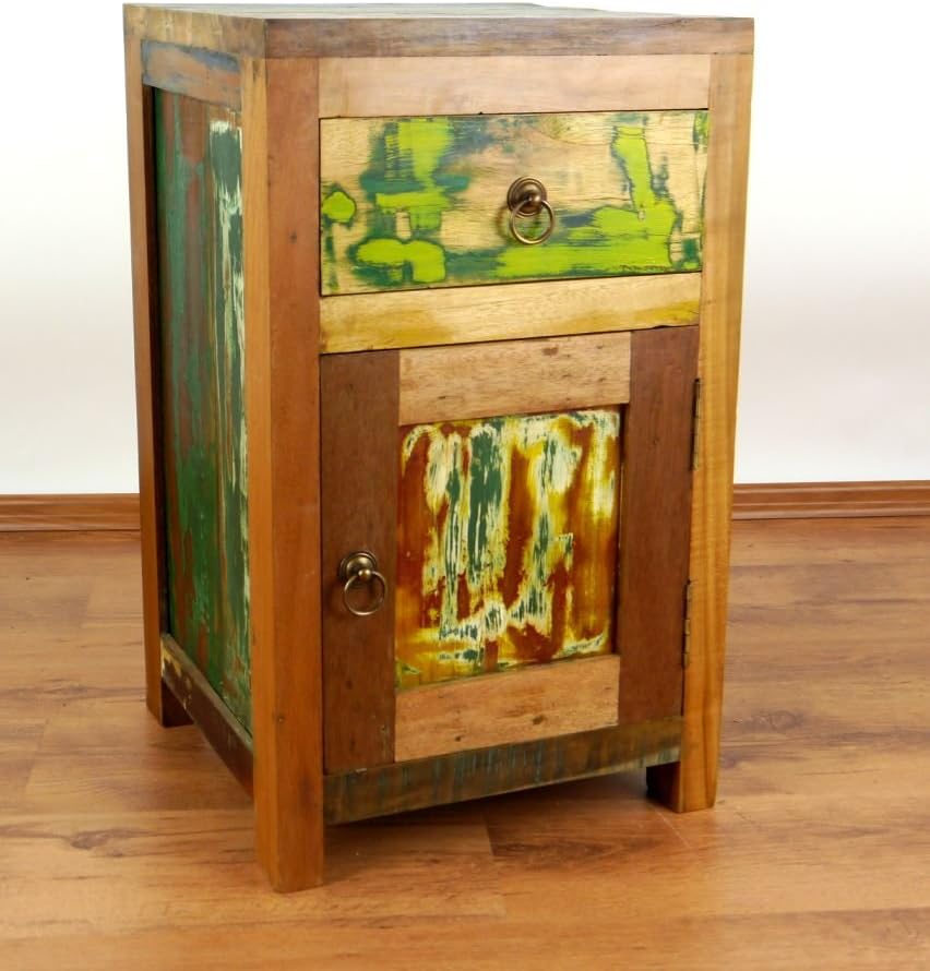 livasia Teakholz Nachtschrank aus Java | Recyceltes buntes Bootsholz | Asiatische Möbel | Designer M