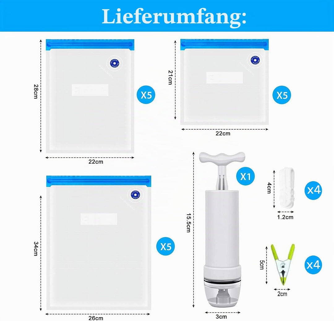 Sous Vide Beutel 15 Stück Wiederverwendbare Vakuum Lebensmittellagerbeutel mit 1 Handpumpe, 4 Versch