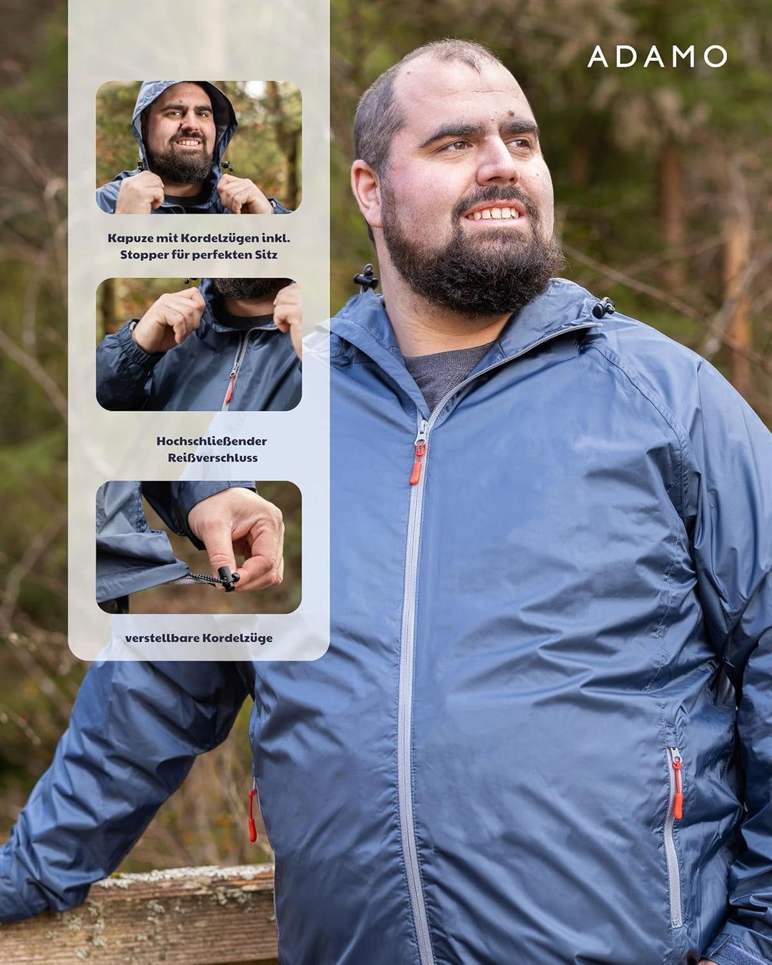 ADAMO Regenjacke Herren wasserdicht atmungsaktiv, Outdoor Jacke in Übergrösse mit Kapuze aus 100% sc