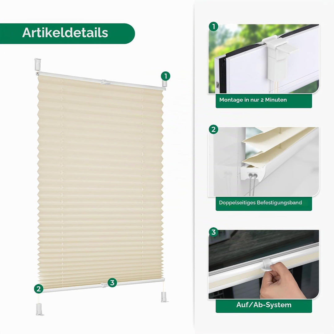 Plissee Klemmfix ohne Bohren, Beige 95 x 120 cm (BxH), Faltrollo Plisseerollo mit Klemmträger, Jalou