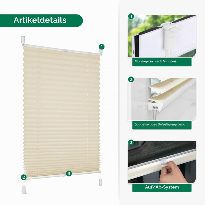 Plissee Klemmfix ohne Bohren, Beige 95 x 120 cm (BxH), Faltrollo Plisseerollo mit Klemmträger, Jalou