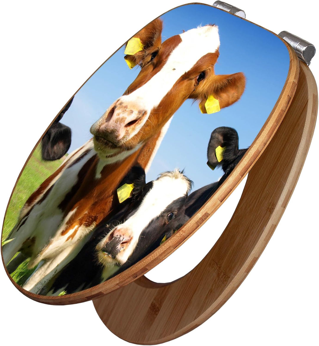 banjado® Design WC Sitz Bambus Absenkautomatik mit Motiv Kühe/Toilettendeckel mit Absenkautomatik Ho