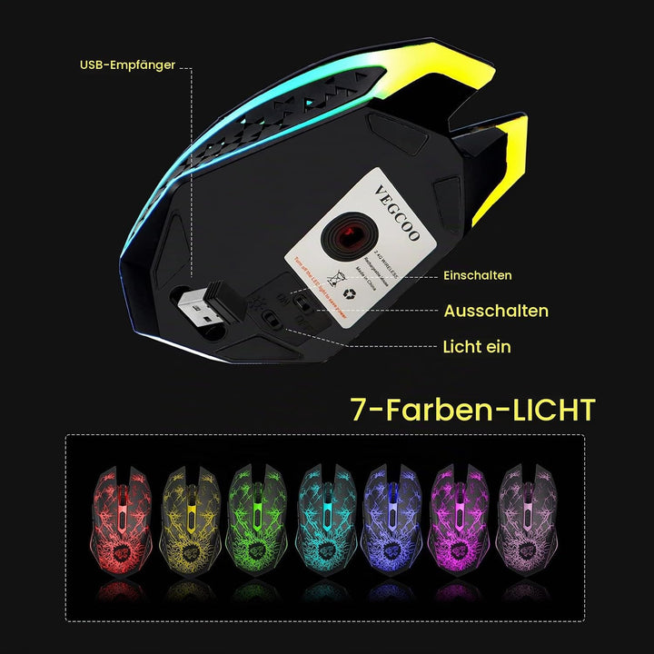 VEGCOO Gaming Maus Kabellose Mouse Gaming Silent Optical Sensor mit 1600/1200/800 DPI PC Maus Gaming