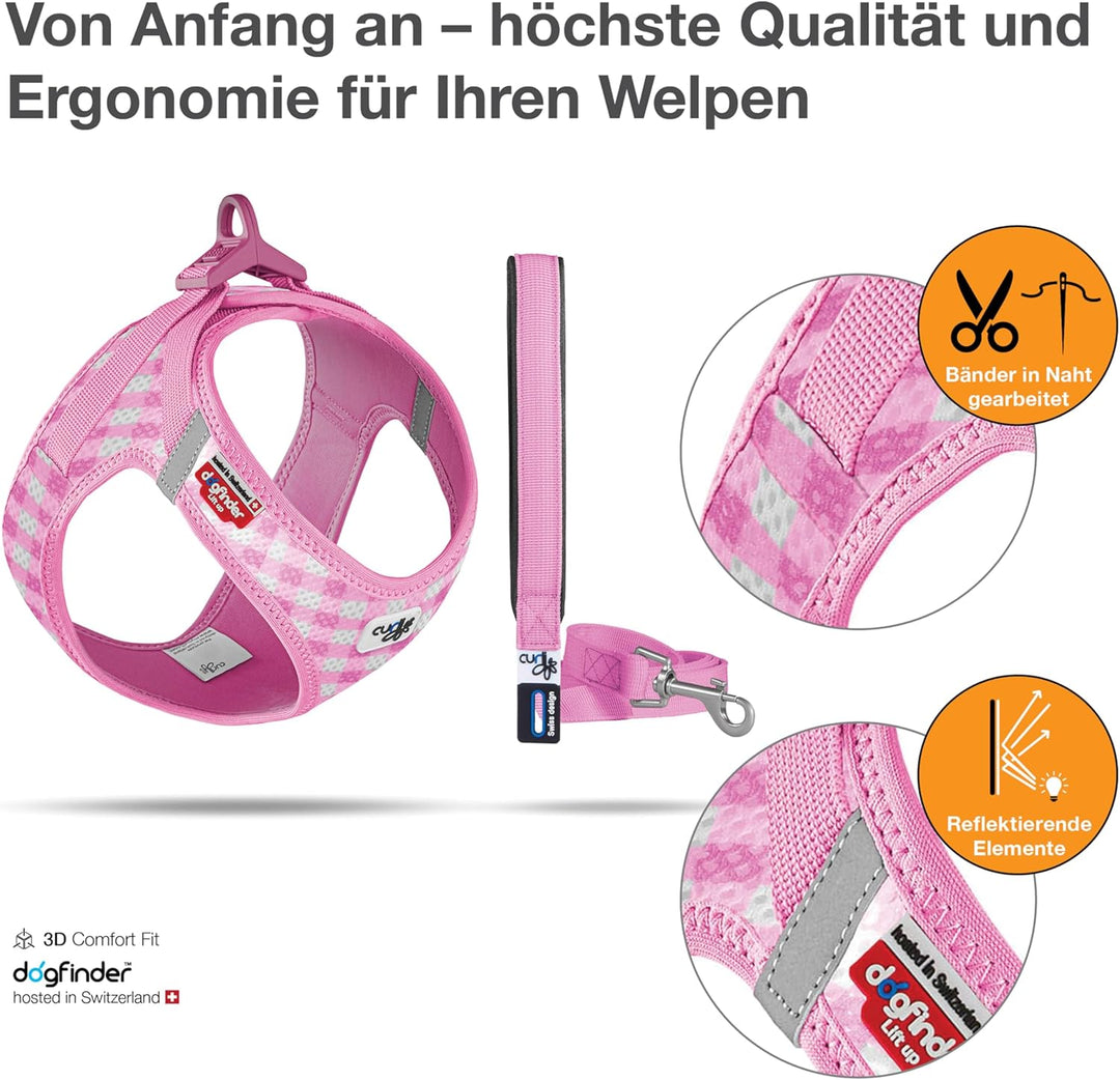 Vest Harness Air-Mesh Pink-Caro 2XS & Leash M, Pink-Caro 2XS