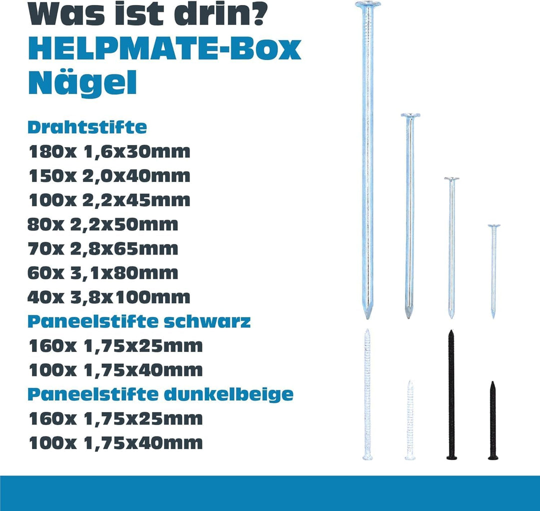 HELPMATE Nagelsortiment Box Haushalt - 1200 Stahlnägel gehärtet - Verschiedene Grössen auch kleine N