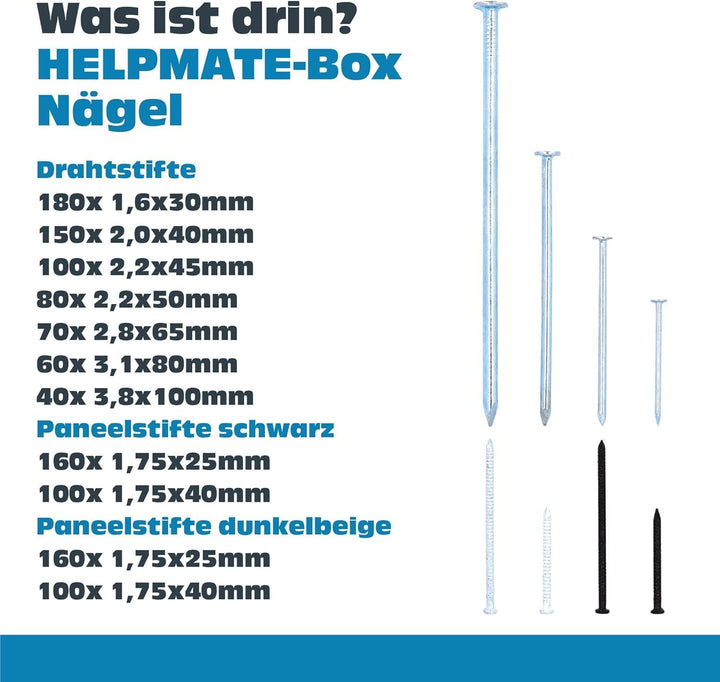 HELPMATE Nagelsortiment Box Haushalt - 1200 Stahlnägel gehärtet - Verschiedene Grössen auch kleine N