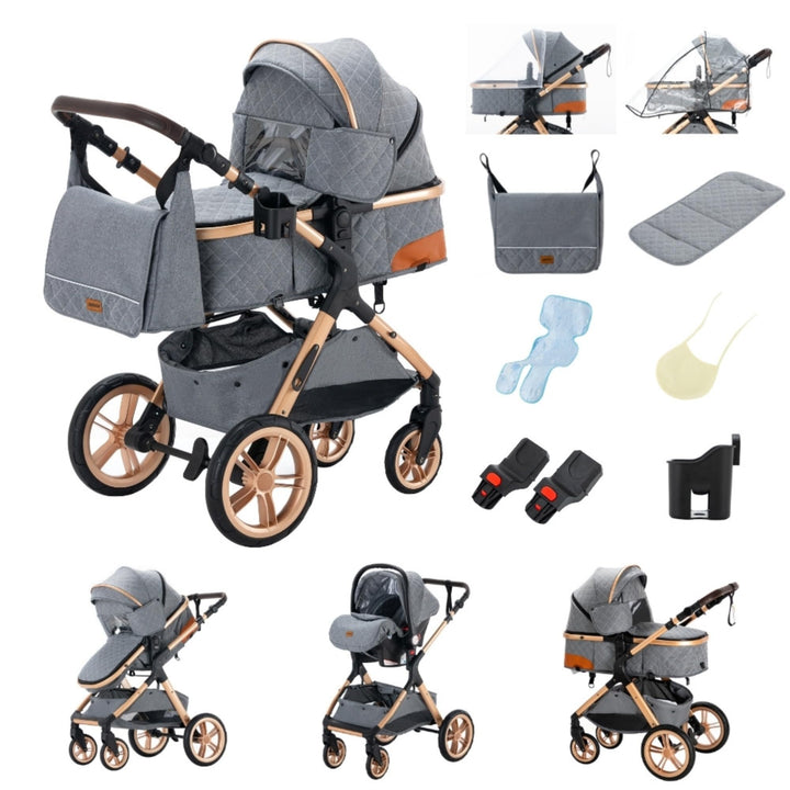 YAZOCO kinderwagen 3 in 1 Buggy Babybett Komplett Set Einem Klick Zusammenklappbarer Kinderwagen, Ko