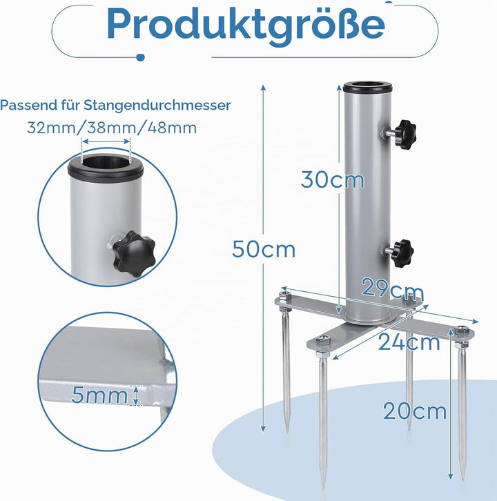 efuturetime Rasendorn Schirmständer φ54 mm Erdspiess für Sonnenschirm, Sonnenschirmständer Verstellb