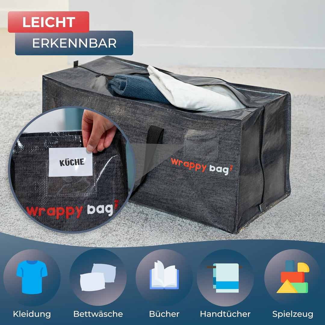 WRAPPYBAG 8er-Set Grosse Kunststoff-Aufbewahrungstaschen – Jumbo XXL Umzugstaschen – Wasserdicht, St