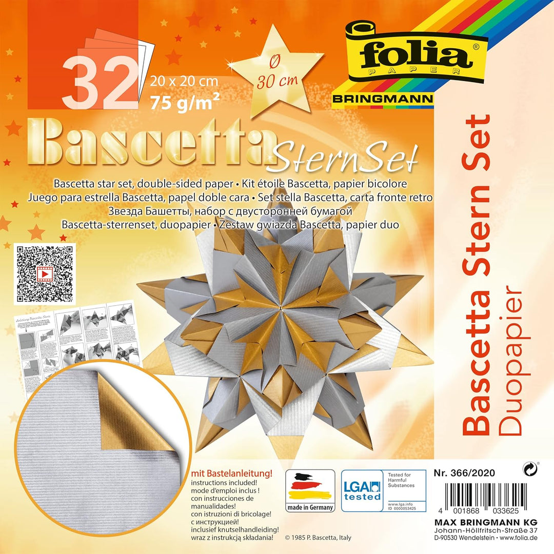 folia 366/2020 - Bastelset Bascetta Stern Duo silber/gold, 32 Blatt, 20 x 20 cm, fertige Grösse des