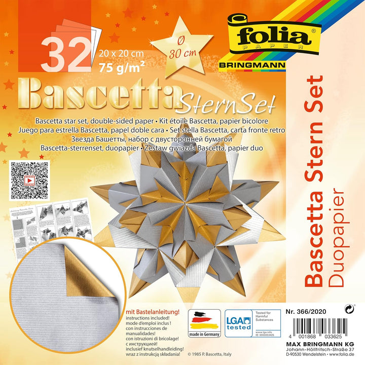folia 366/2020 - Bastelset Bascetta Stern Duo silber/gold, 32 Blatt, 20 x 20 cm, fertige Grösse des