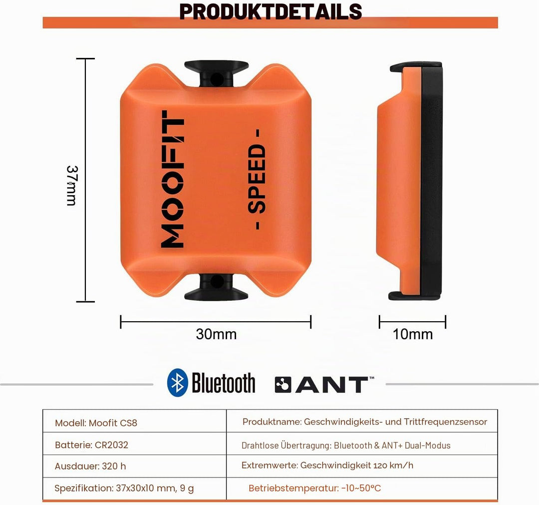moofit Geschwindigkeitssensor und Trittfrequenzsensor, Bluetooth & ANT+ Kabelloser Geschwindigkeits,