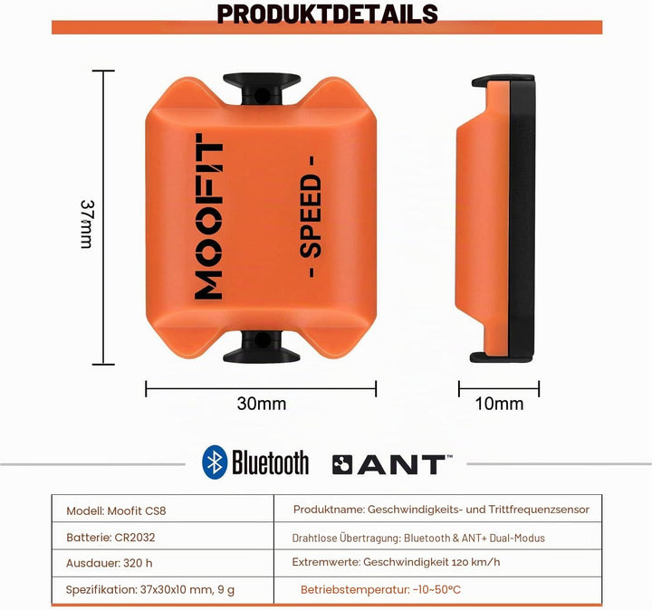 moofit Geschwindigkeitssensor und Trittfrequenzsensor, Bluetooth & ANT+ Kabelloser Geschwindigkeits,