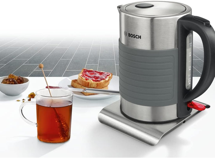 Bosch TWK7S05 kabelloser Wasserkocher, Abschaltautomatik, 1,7 L, 2200 W, schwarz/grau & ster Comfort