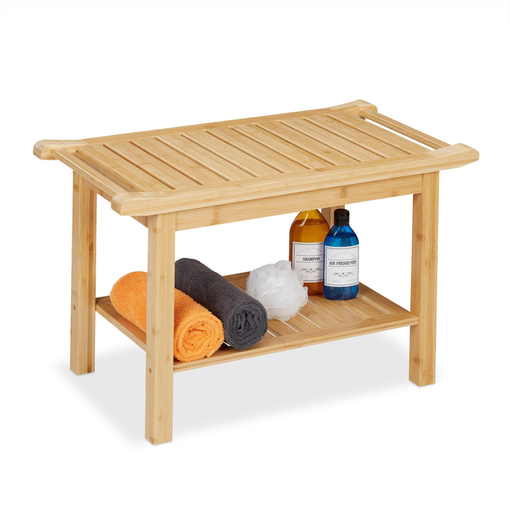 Relaxdays Badhocker aus Bambus, extra Ablagefläche & Griffe, HxBxT: 45 x 75 x 40,5 cm, Sitzbank für