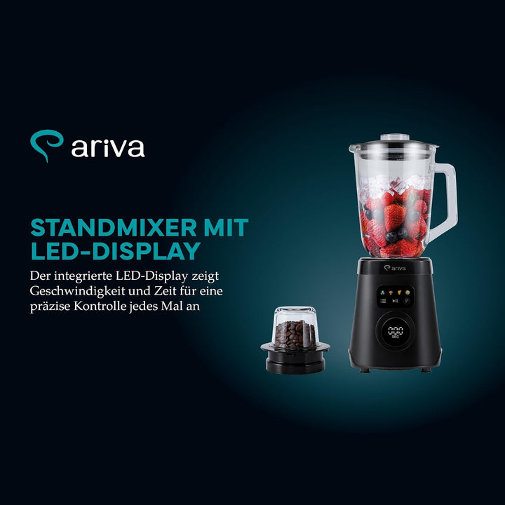 ARIVA Standmixer 1000W mit 1,5L Glasbehälter & Kaffeemühle, Smoothie Maker & Ice Crusher mit LED-Tou