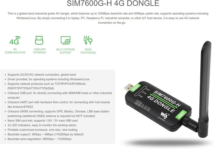 Waveshare SIM7600G-H 4G DONGLE with Antenna,Supports Global Band,Industrial Grade 4G Communication a