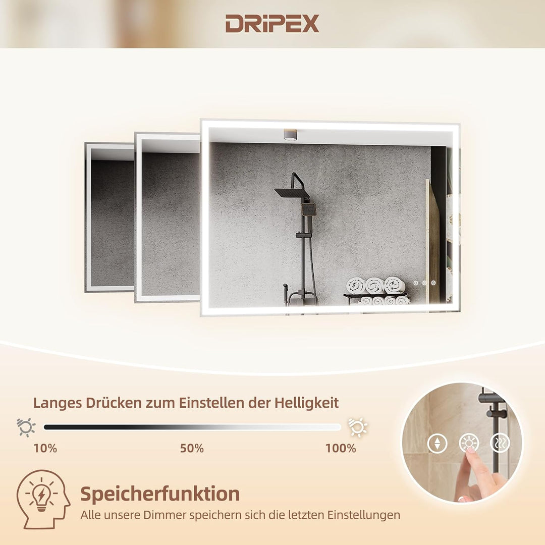 Badezimmerspiegel Led Badspiegel, Speicherfunktion, Touch-Schalter, Druckknopf, Dimmbar, 3 Lichtfarb