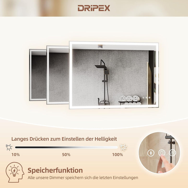 Badezimmerspiegel Led Badspiegel, Speicherfunktion, Touch-Schalter, Druckknopf, Dimmbar, 3 Lichtfarb