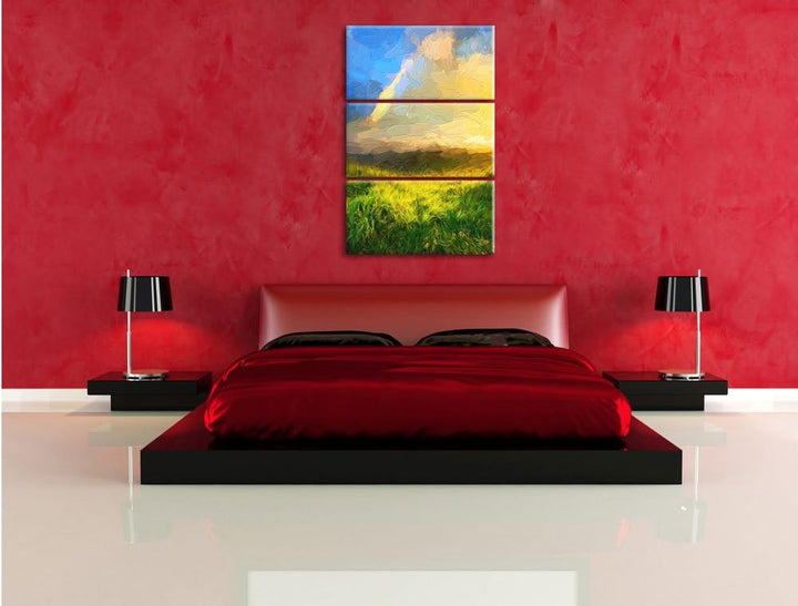 Pixxprint Berge mit Regenbogen am Himmel als Leinwandbild/Grösse: 3 Teilig (120x80 cm) cm/Wandbild/K