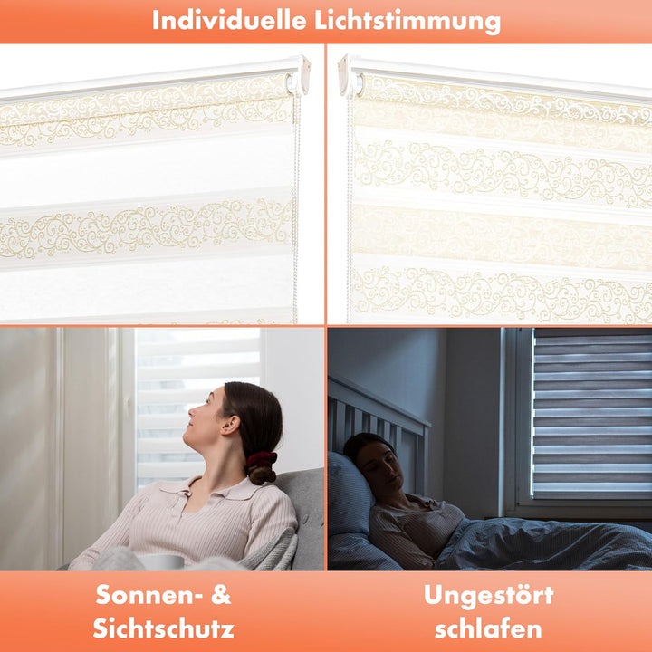 Bailena Doppelrollo ohne Bohren 4in1 Klemmfix Duo Rollos mit Muster Ranken Blumen Motiv mit Perlen G
