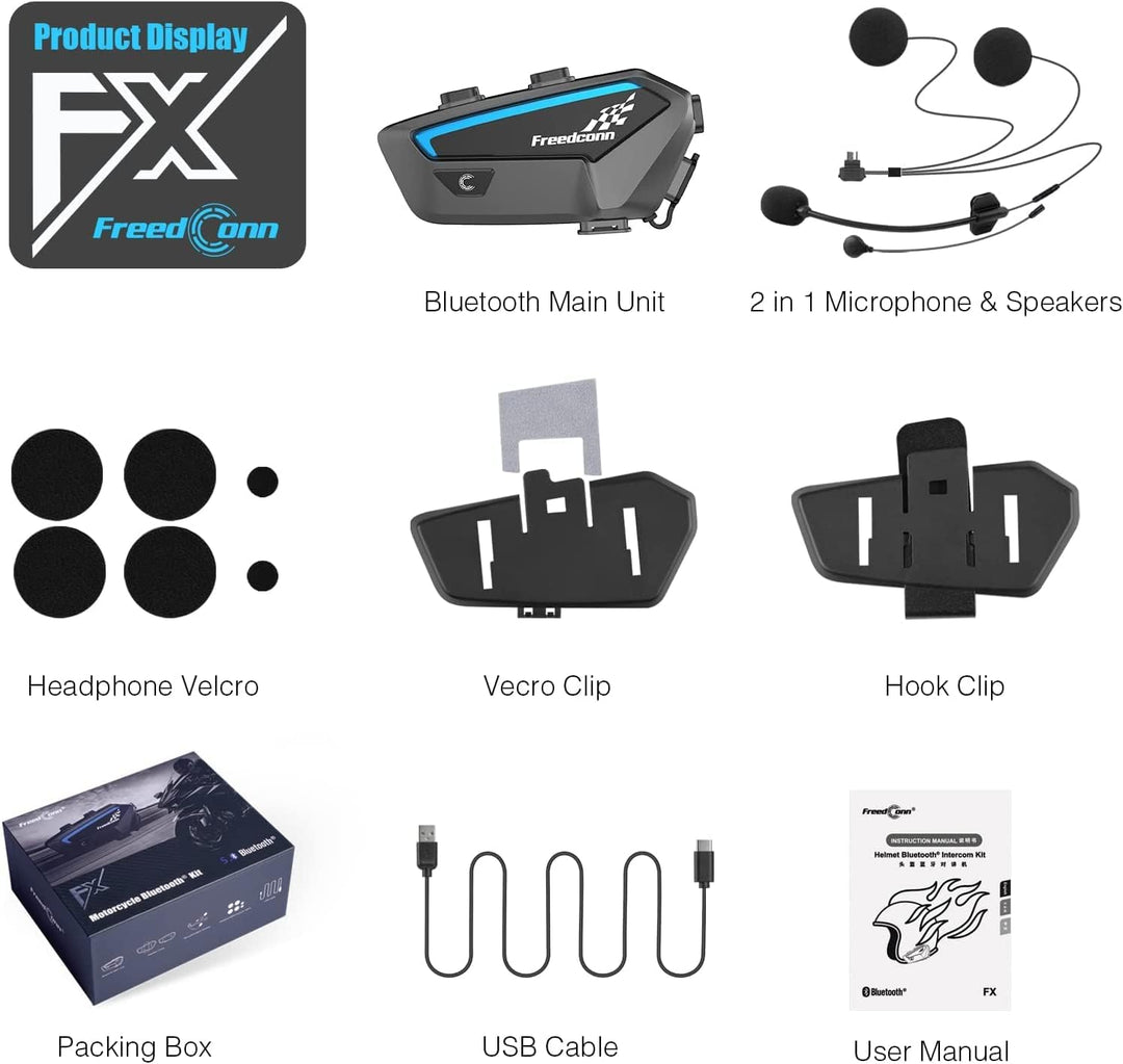 FreedConn FX Motorrad Intercom, Helm Headset für bis zu 8 Motorräder mit Reichweite von 1200m, DSP u