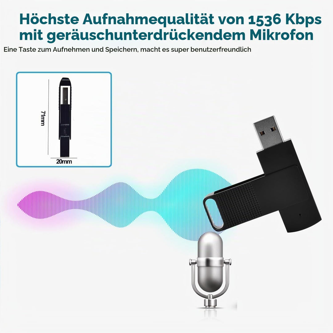 128GB USB Diktiergerät Digital, 3072kbps Aufnahmegerät Voice Recorder mit Spracherkennung und One-To