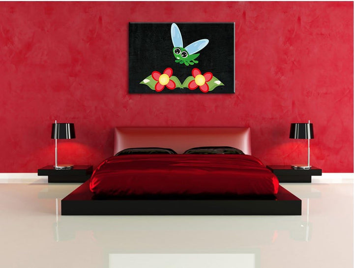Pixxprint süsse Libelle mit Blumen als Leinwandbild/Grösse: 100x70 cm/Wandbild/Kunstdruck/fertig bes