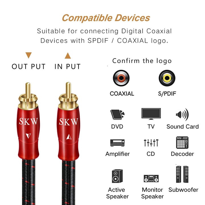 SKW Cinch Subwoofer Kabel, OFC Kupfer - Dual geschirmt RCA Digital Koaxialkabel mit PVC + Baumwollge