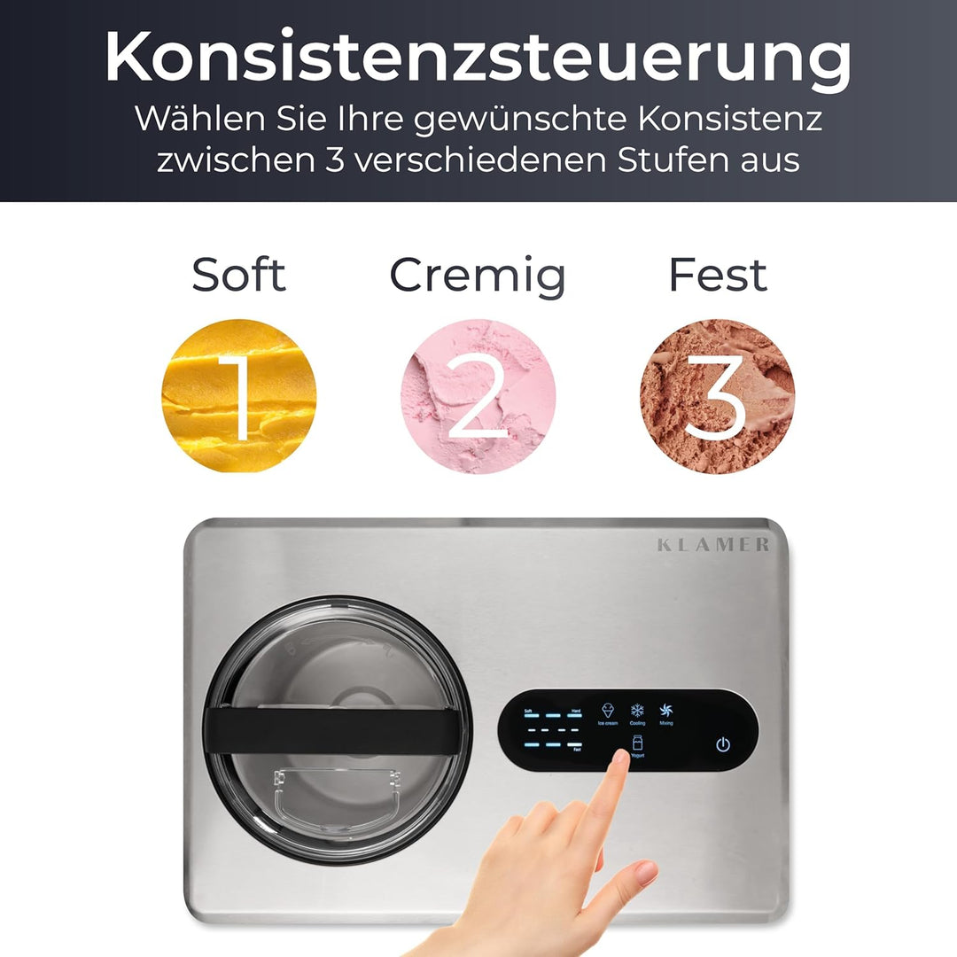 KLAMER 2-in-1 Eismaschine & Joghurtbereiter 2 L, 220 W Eiscrememaschine aus Edelstahl mit Kühl- und