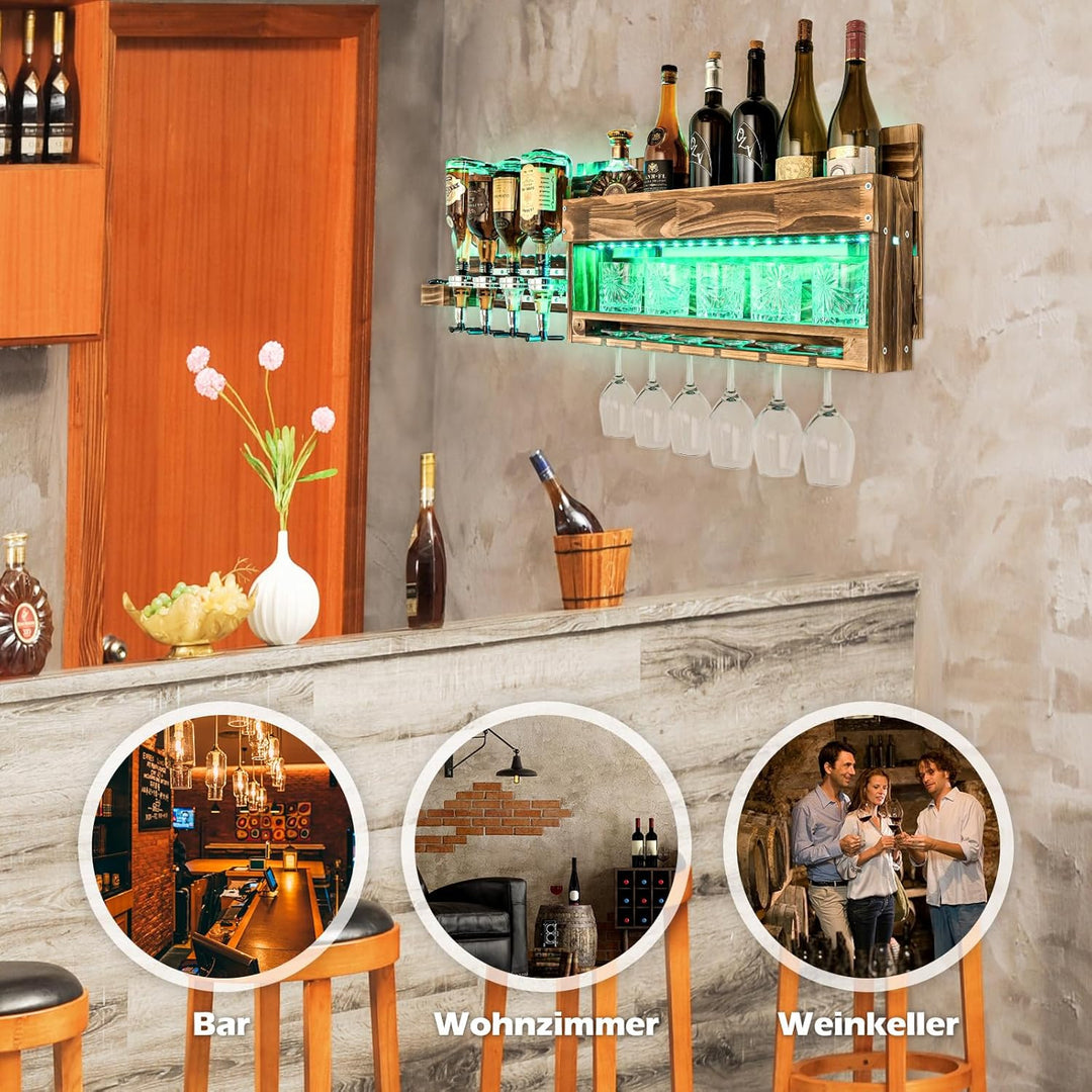 Yorbay Weinregal Mit LED-Licht Palette beflammt Holz, Wandbar mit 4 Getränkespender Wand Flaschenhal